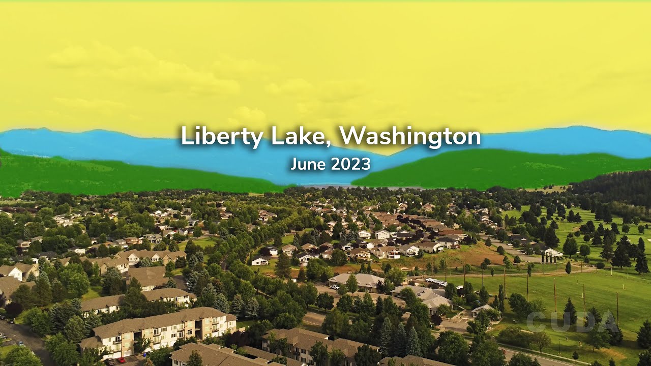 Drone view showcasing Liberty Lake, WA in June